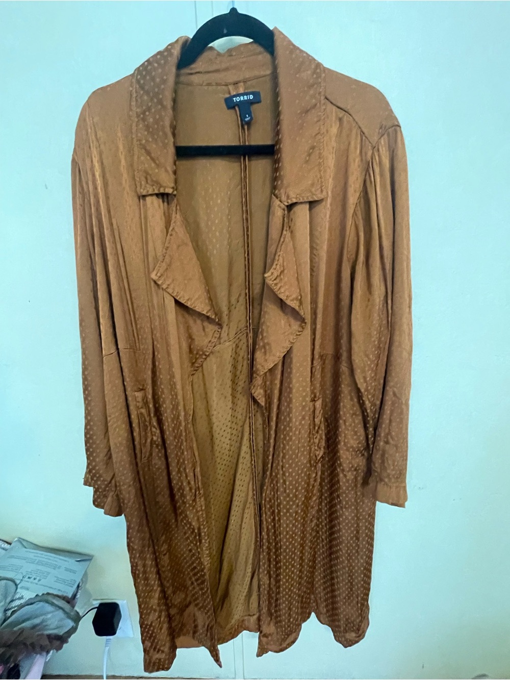 torrid Rust Brown Open-Front Duster with Subtle Dot Texture
